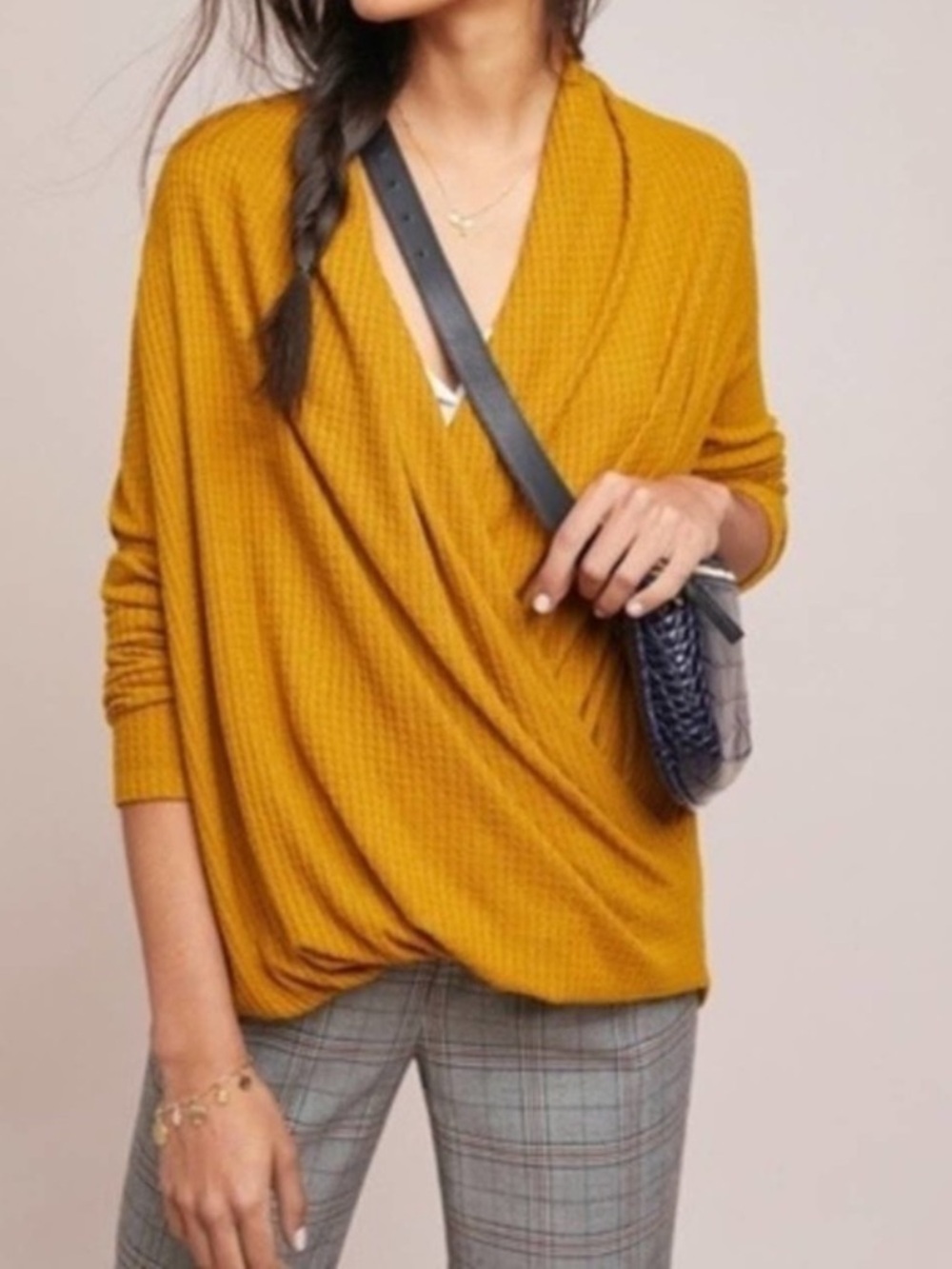 Anthropologie Akemi & Kin Yellow Waffle Knit Faux Wrap Long Sleeve Blouse XS